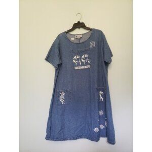 Rama of USA Womens XL Dress Short Sleeve Denim Round Neck Kokopelli Hand Painted